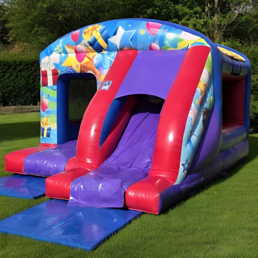 Party Balloon Castle with Slide set up in a garden
